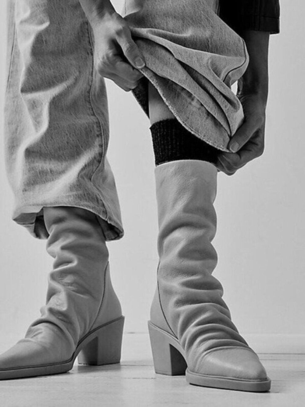 Free People Esme Pointed Toe Heeled Exposed Back Zip Wrinkle Midi Boots